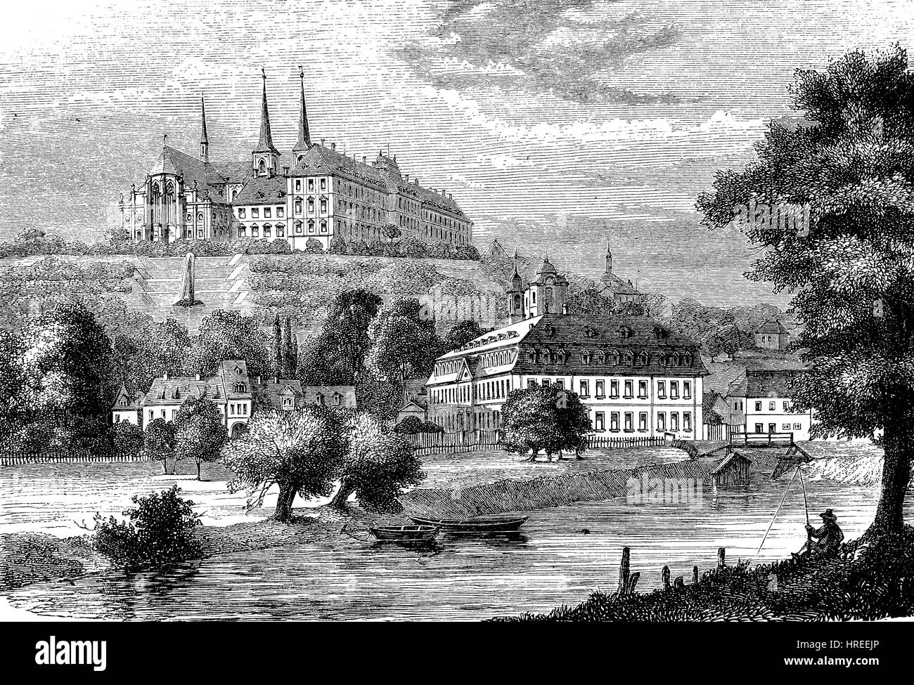 Das Kloster auf dem Michelsberg und der Bürger-Hospital, Buergerhofspital, in Bamberg, Deutschland, Reproduktion von einem Holzschnitt aus dem 19. Jahrhundert, 1885 Stockfoto