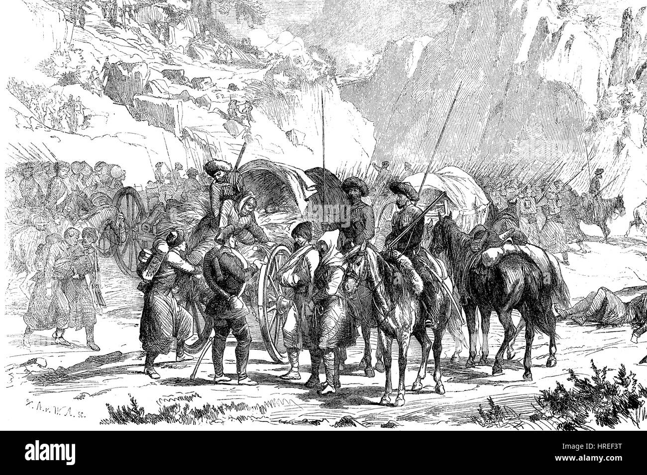 Szene aus dem Russisch - Circassian Krieg, The Caucasian von 1817-1864 war eine Invasion des Kaukasus durch das russische Reich führte in der russischen Annexion der Gebiete des Nordkaukasus und die ethnische Säuberung der Tscherkessen, Reproduktion von einem Holzschnitt aus dem 19. Jahrhundert, 1885 Stockfoto