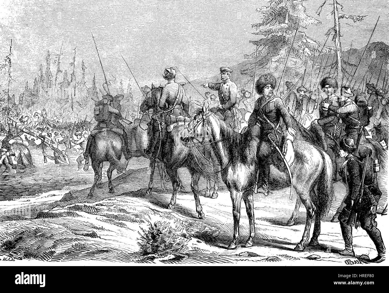 Soldaten, die Überquerung der Abyuka, war Kaukasus, die kaukasischen Krieges von 1817-1864 eine Invasion des Kaukasus durch das russische Reich führte in der russischen Annexion der Gebiete des Nordkaukasus und die ethnische Säuberung der Tscherkessen, Reproduktion von einem Holzschnitt aus dem 19. Jahrhundert, 1885 Stockfoto