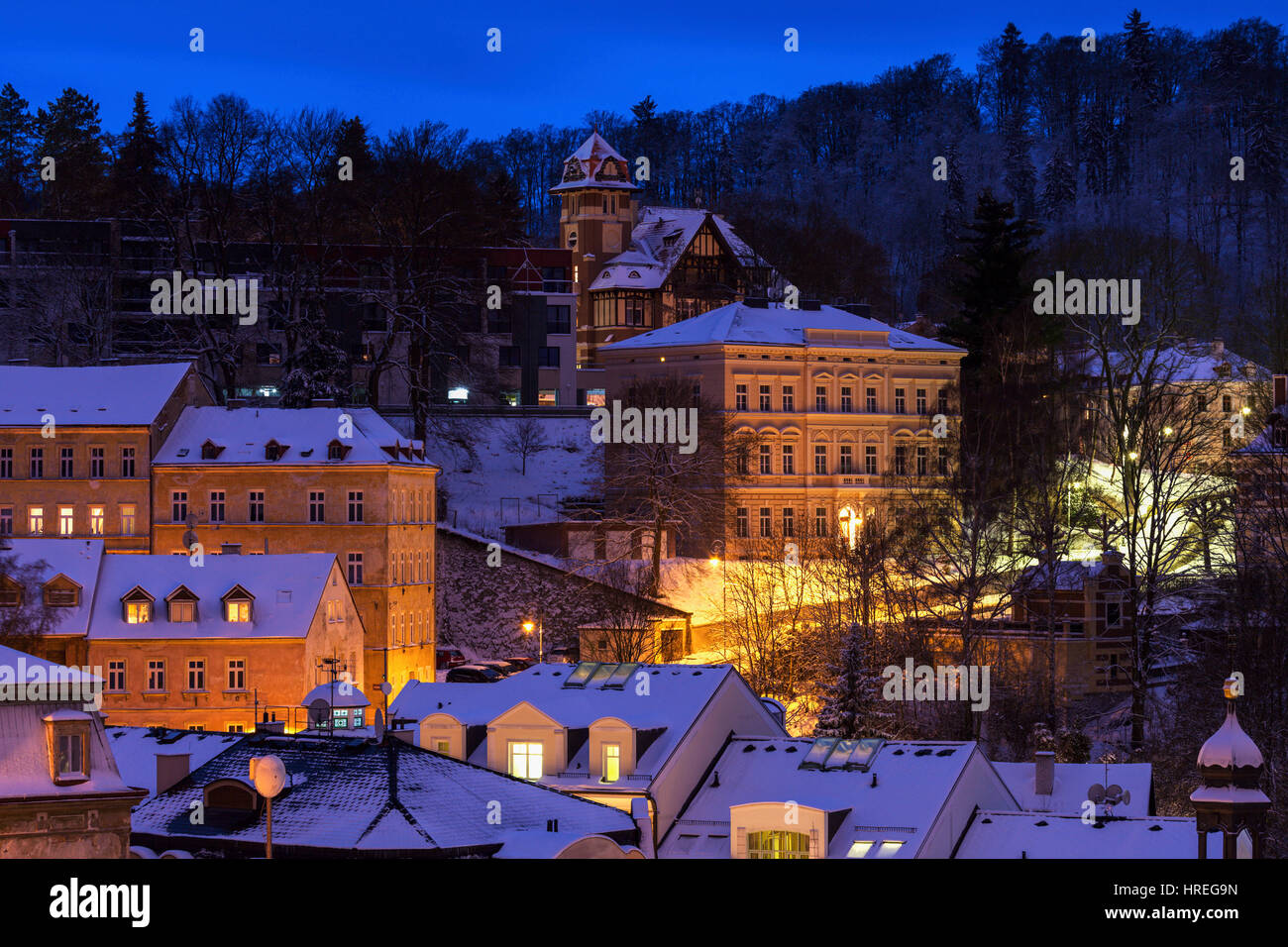Winter in Karlovy Vary/Karlsbad. Karlovy Vary (Karlsbad), Böhmen, Tschechien. Stockfoto