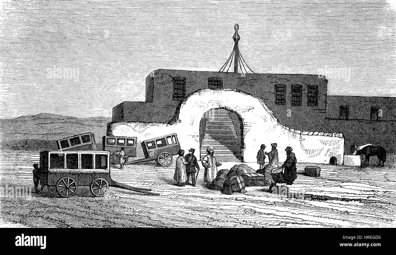 Poststation in der Wüste zwischen Kairo und Suez, Ägypten, Bau des Suez-Kanals, Reproduktion von einem Holzschnitt aus dem 19. Jahrhundert, 1885 Stockfoto