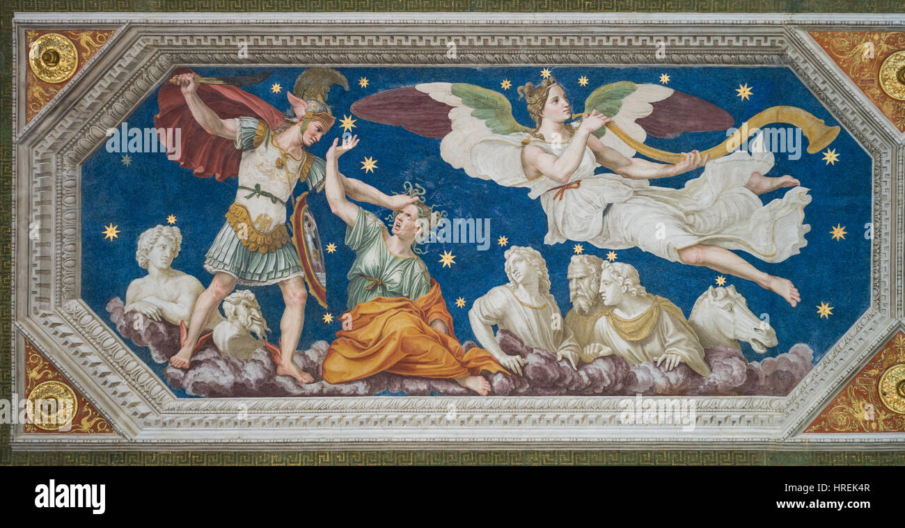 Rom. Italien. Villa Farnesina. Sternbild Perseus, Decke Fresko, 1511 von Baldassare Peruzzi (1481 – 1536), aus der Serie "Costellazioni" Stockfoto