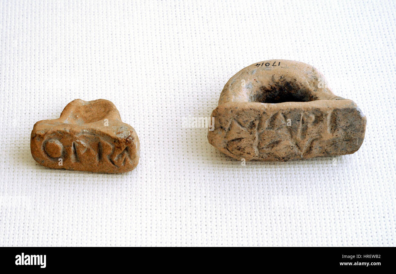 Antiken Rom. Keramische Stempel-Siegel. Nationales Archäologisches Museum. Tarragona. Spanien. Stockfoto