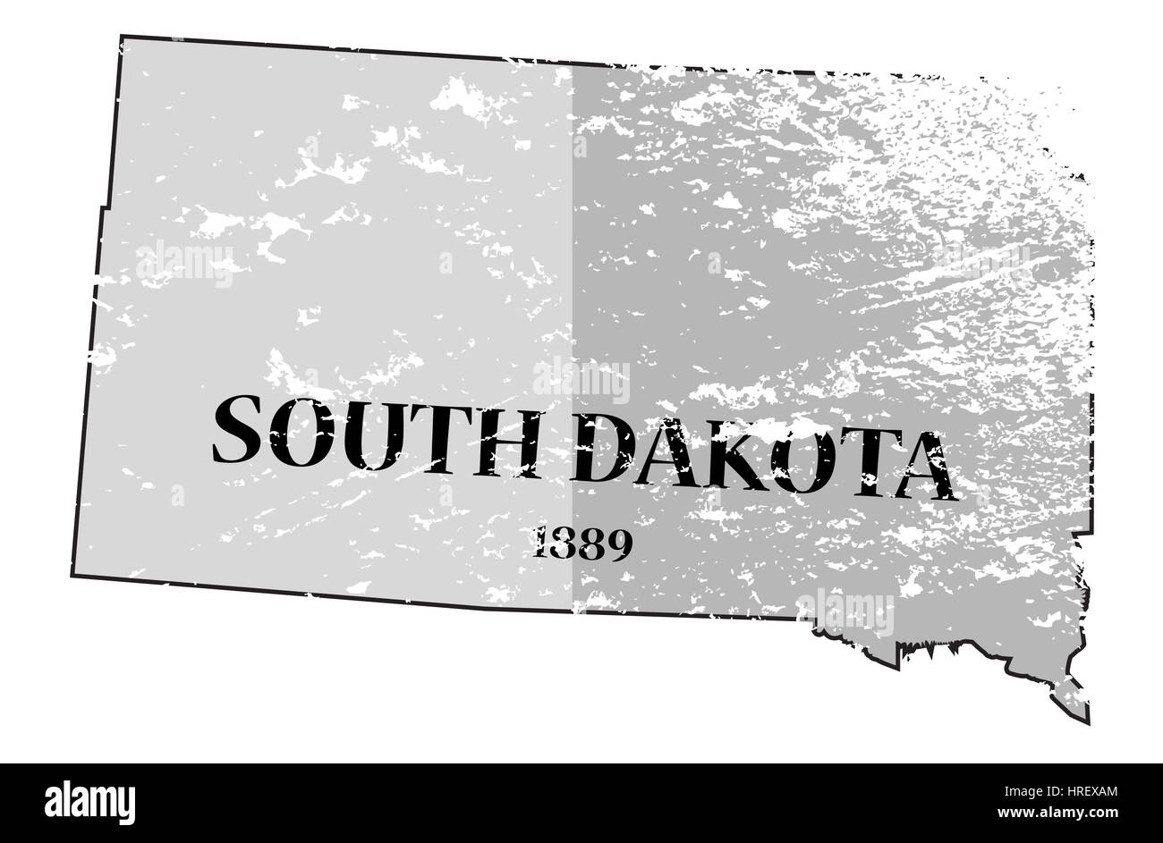 Ein grunged Umriss des Bundesstaates South Dakota mit dem Datum der Eigenstaatlichkeit isoliert auf weißem Hintergrund Stockfoto