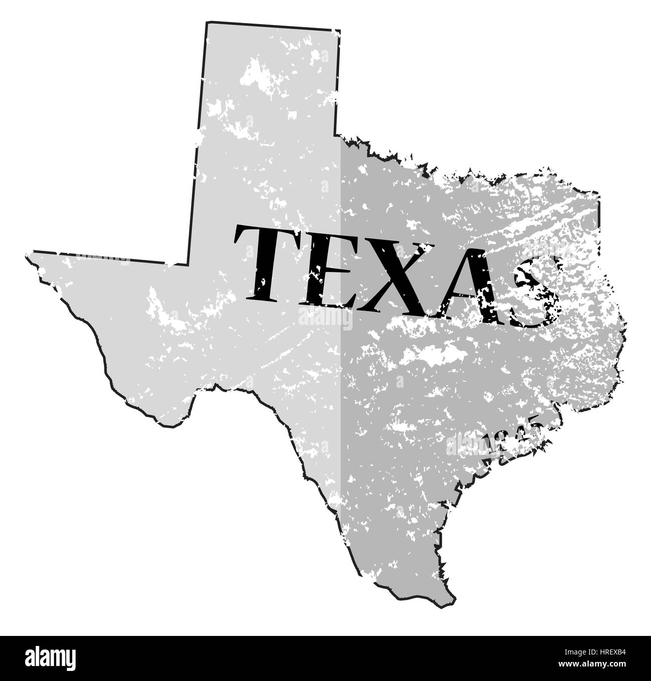 Ein grunged Umriss des Bundesstaates Texas mit dem Datum der Eigenstaatlichkeit isoliert auf weißem Hintergrund Stockfoto