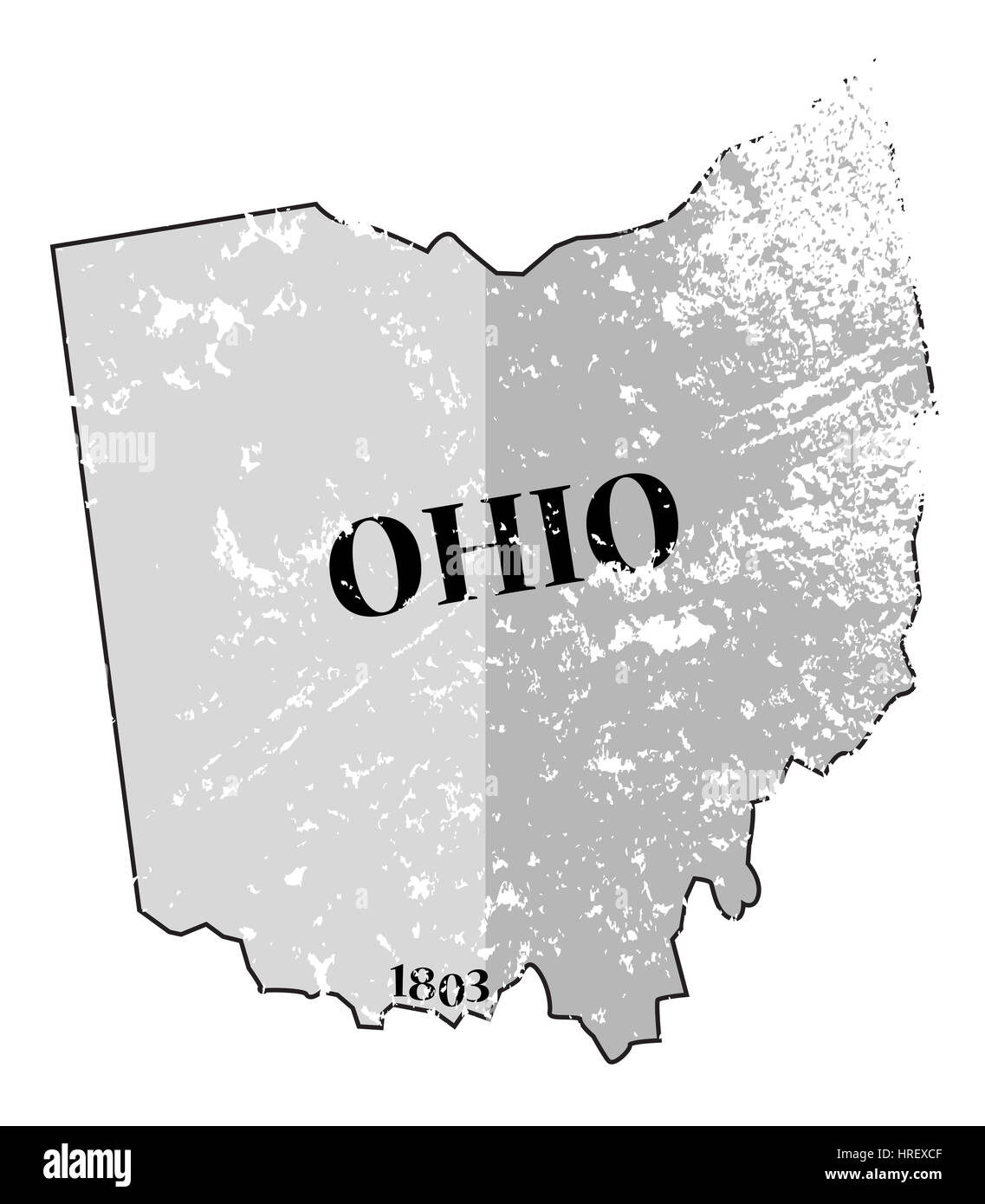 Ein grunged Umriss des Bundesstaates Ohio mit dem Datum der Eigenstaatlichkeit isoliert auf weißem Hintergrund Stockfoto