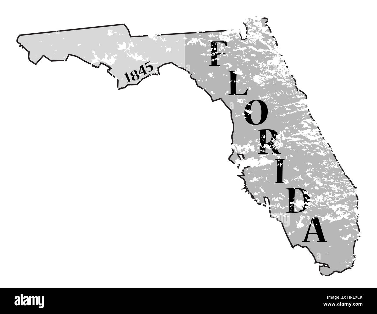 Ein grunged Umriss des Bundesstaates Florida mit dem Datum der Eigenstaatlichkeit isoliert auf weißem Hintergrund Stockfoto