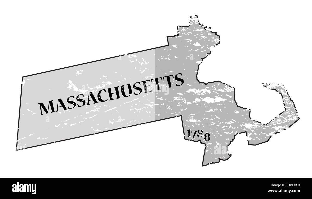 Ein grunged Umriss des Bundesstaates Massachusetts mit dem Datum der Eigenstaatlichkeit isoliert auf weißem Hintergrund Stockfoto