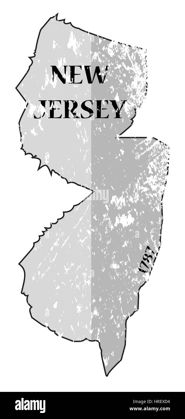 Ein grunged Umriss des Bundesstaates New Jersey mit dem Datum der Eigenstaatlichkeit isoliert auf weißem Hintergrund Stockfoto