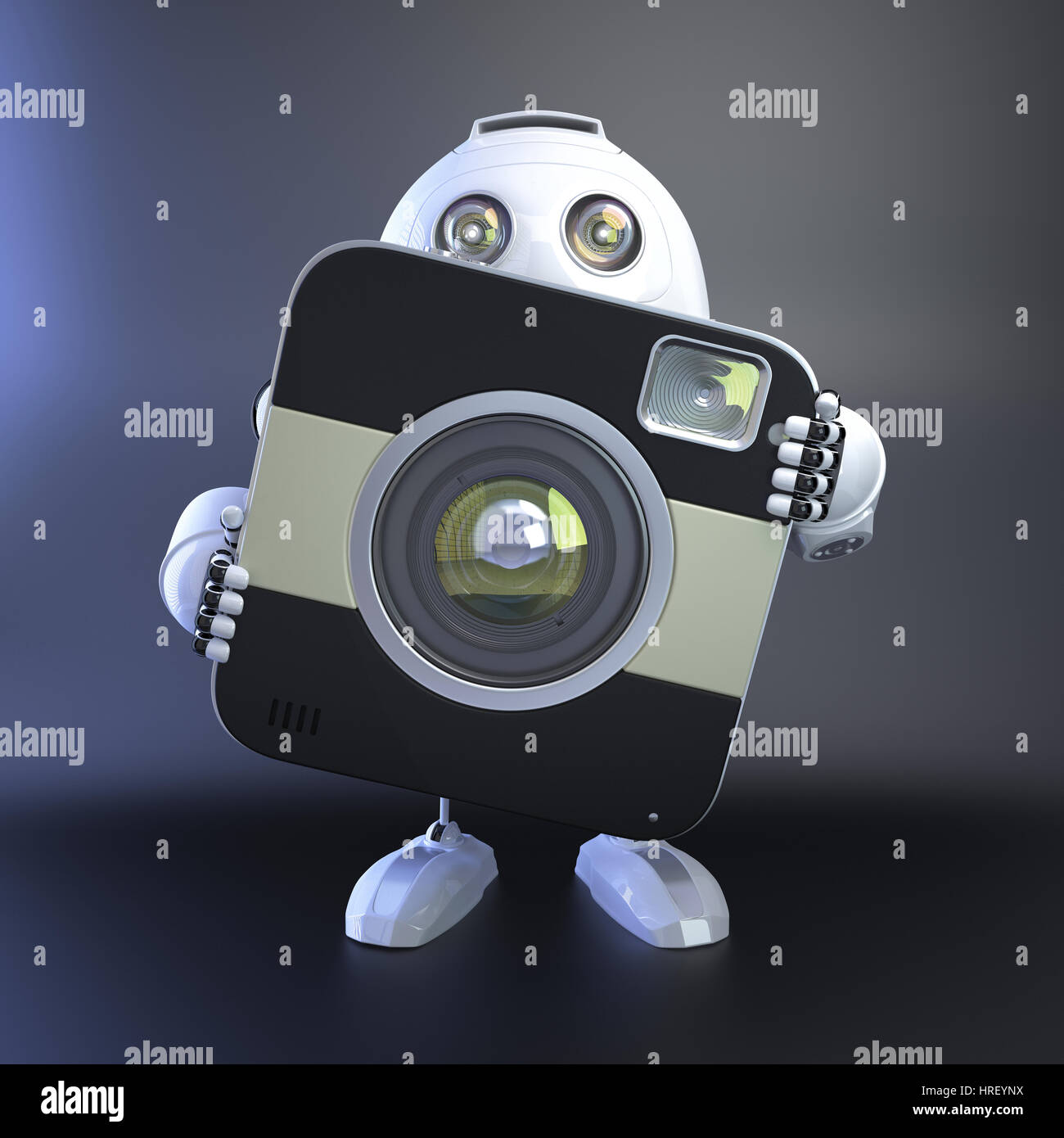 Android Roboter mit digitalen Kompaktkamera. 3D Illustration Stockfoto