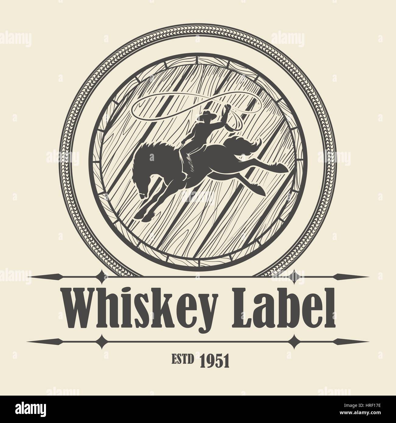 Alten Whiskey-Label mit Lauf und Rodeo Cowboy Reiten Wildpferd. Vektor-Illustration. Stock Vektor