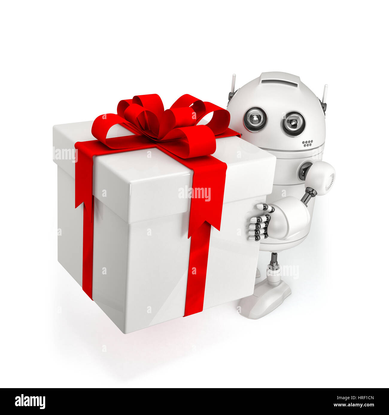 Roboter mit Geschenk-Box. Isoliert auf weiss Stockfoto