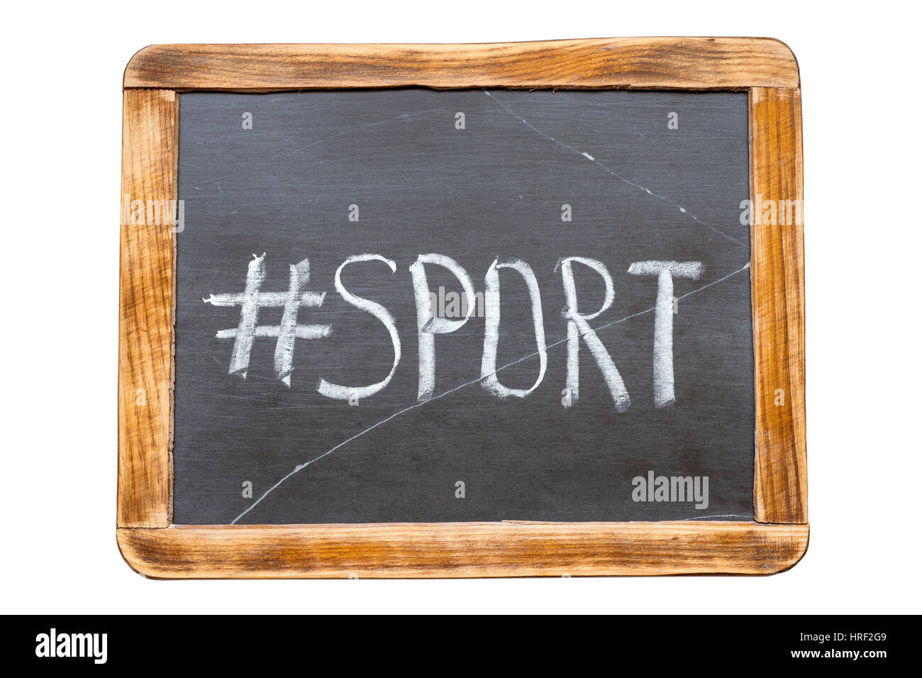Sport-Hashtag handschriftlich auf Vintage Schiefer Schulbehörde isoliert auf weiss Stockfoto