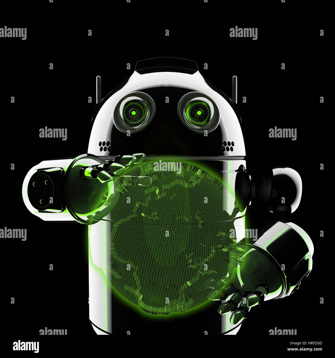 Android hält einen leuchtenden Erdkugel. Auf schwarzem Hintergrund gerendert Stockfoto