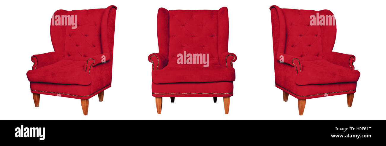 Textile klassischen roten Stuhl isoliert auf weißem Hintergrund. Von verschiedenen Seiten - Front und zwei Seitenansichten anzeigen Stockfoto