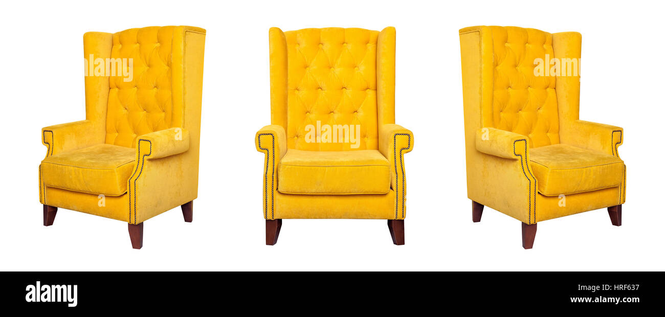 Textile klassische gelbe Stuhl isoliert auf weißem Hintergrund. Von verschiedenen Seiten - Front und zwei Seitenansichten anzeigen Stockfoto