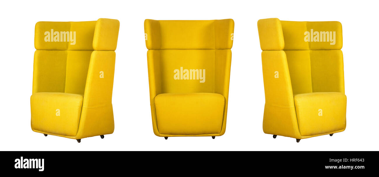 Textile moderner gelber Stuhl isoliert auf weißem Hintergrund. Von verschiedenen Seiten - Front und zwei Seitenansichten anzeigen Stockfoto