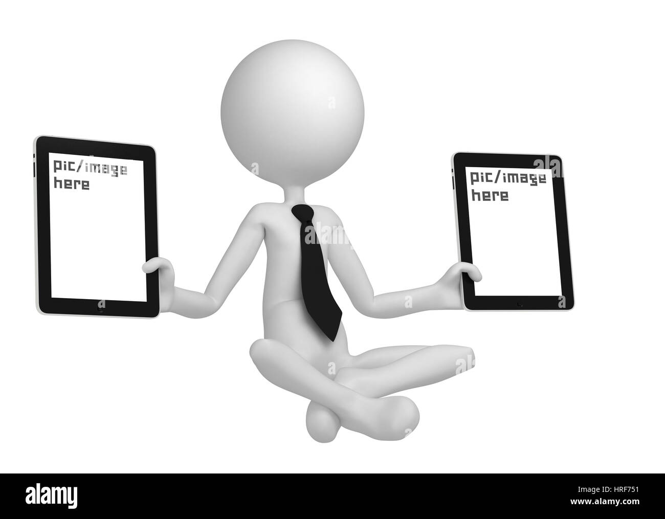 Business-Mann meditiert mit Tablet-PCs. Isoliert Stockfoto