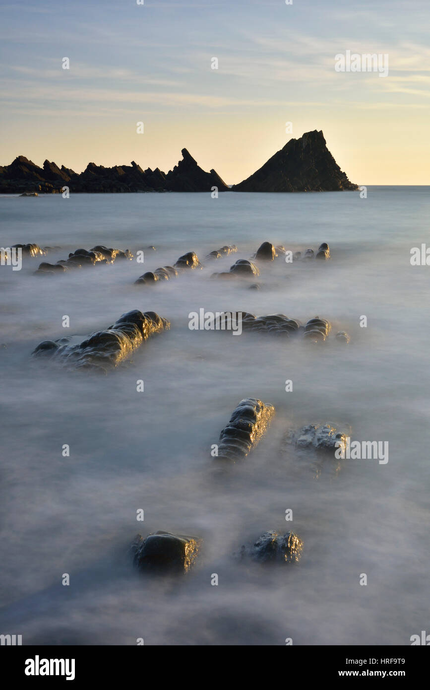 Felsen im Meer, felsige Küste, Atlantikküste, Hartland Quay, Devon, Großbritannien Stockfoto