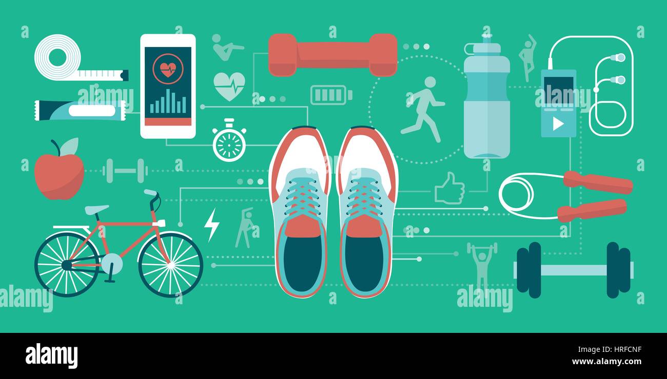 Fitness; Sport und gesunde Lifestyle-Konzept: Training Schuhe und Sportgeräte miteinander verbinden Stock Vektor