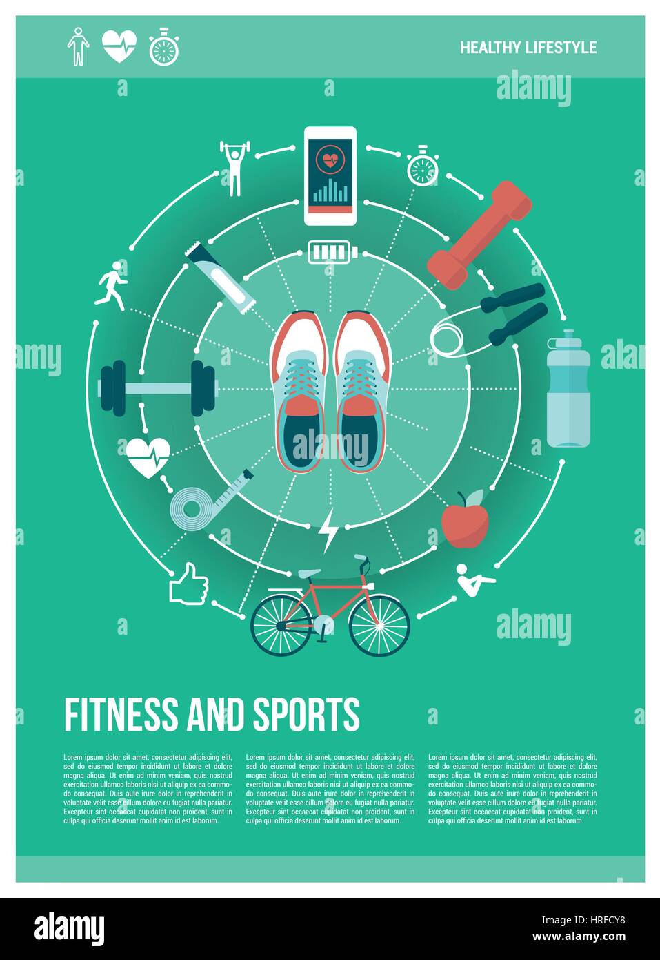 Fitness; Sport und gesunde Lebensweise Konzept Plakat: Training Schuhe und Sportgeräte miteinander verbinden Stock Vektor