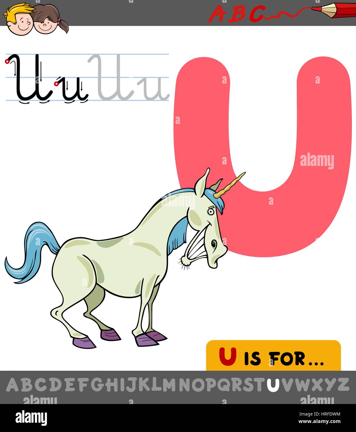 Pädagogische Cartoon Illustration der Buchstabe U vom Alphabet mit Einhorn Fantasy Charakter für Kinder Stock Vektor