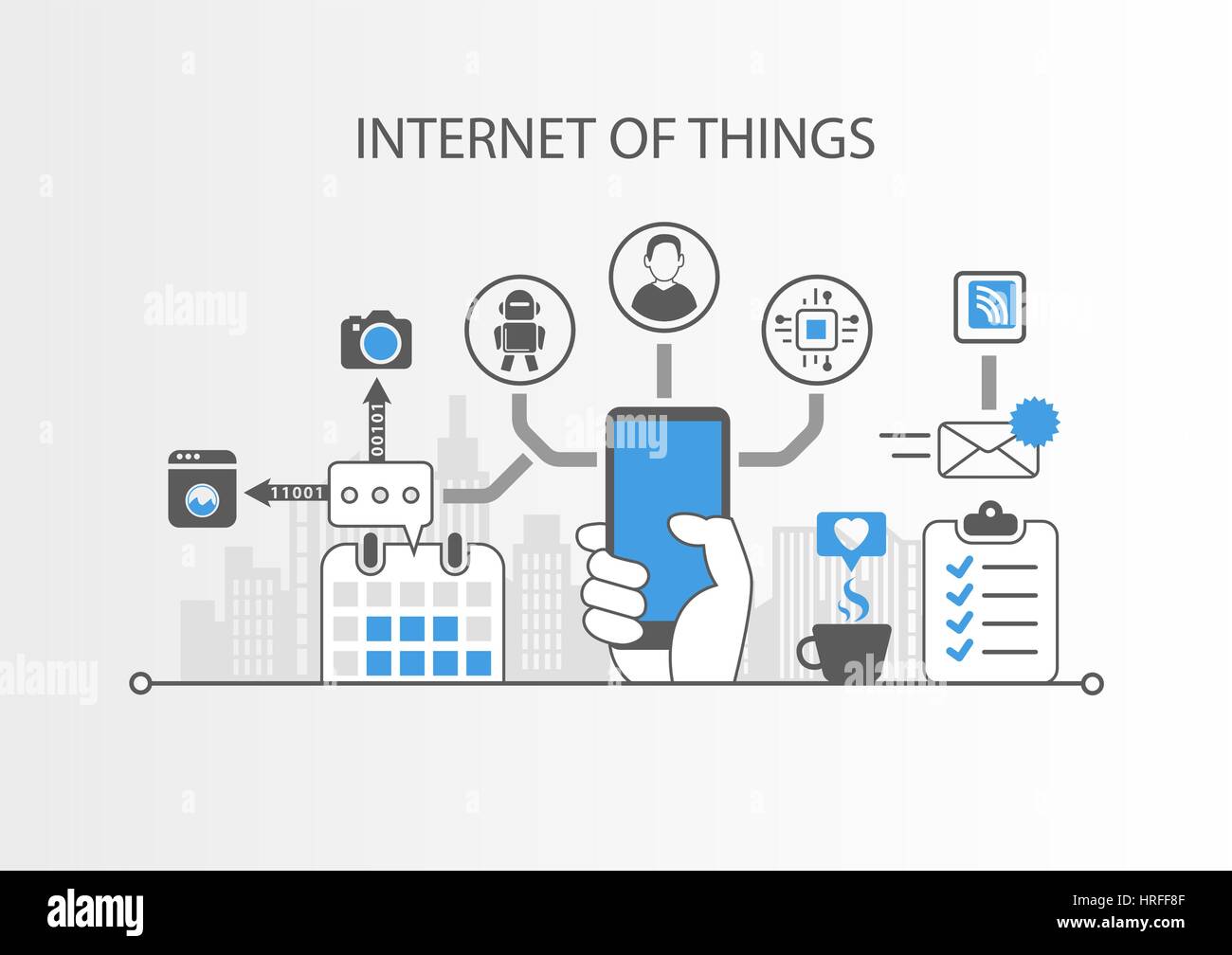 Internet der Dinge-IOT-Konzept mit einfachen Symbolen auf grauem Hintergrund Stock Vektor