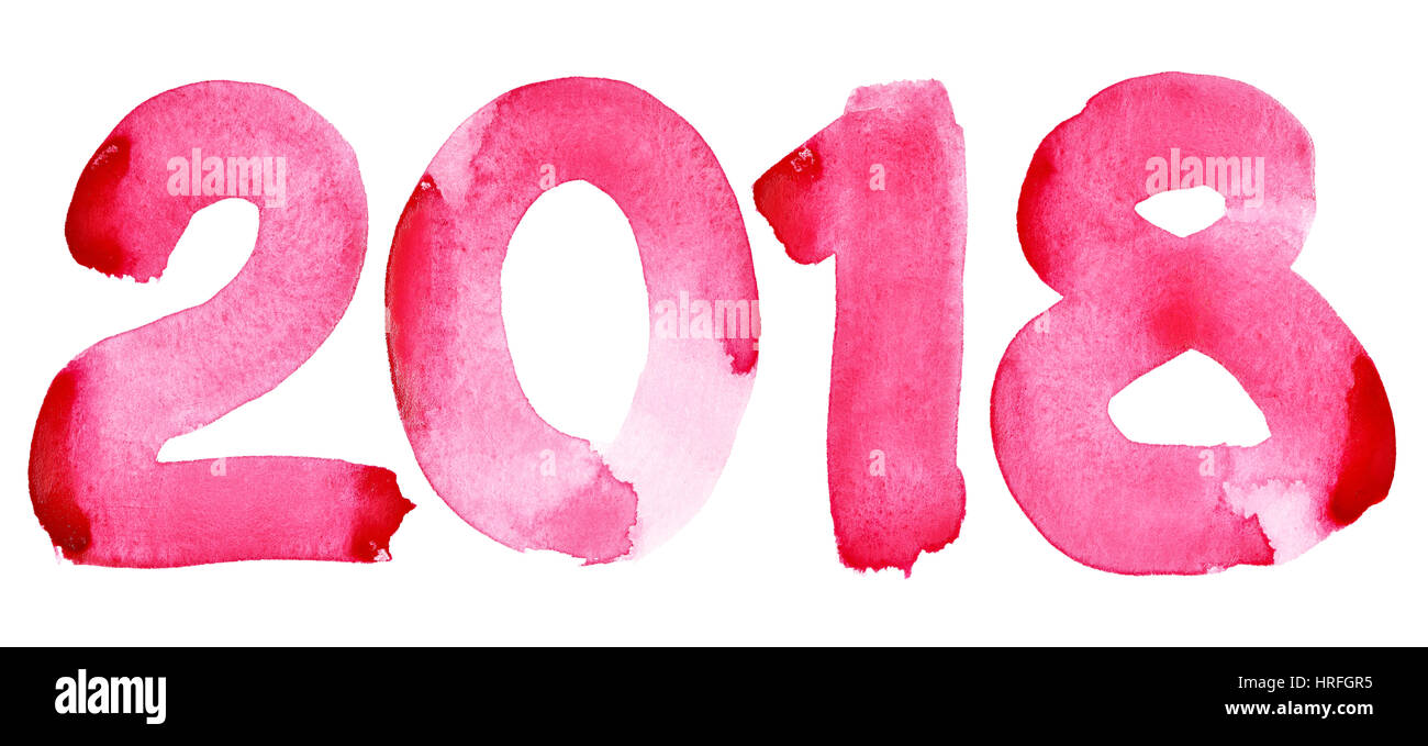 Neue Jahr 2018 - rote Aquarell Zahl auf dem weißen Hintergrund isoliert Stockfoto