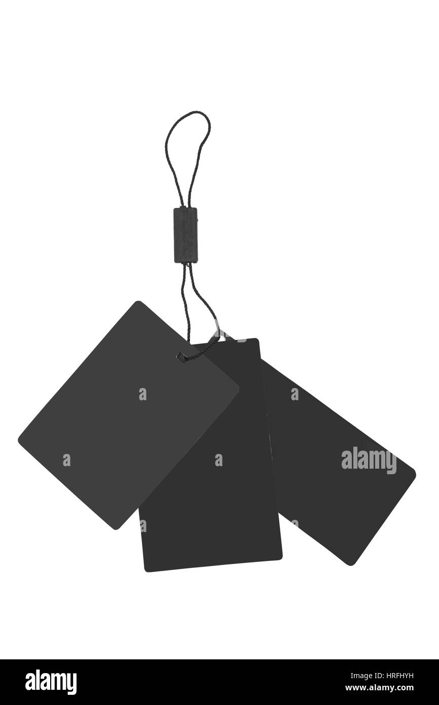 Leeres schwarzes Etikett oder Preisschild mit Kordel, isoliert auf weißem Hintergrund Stockfoto