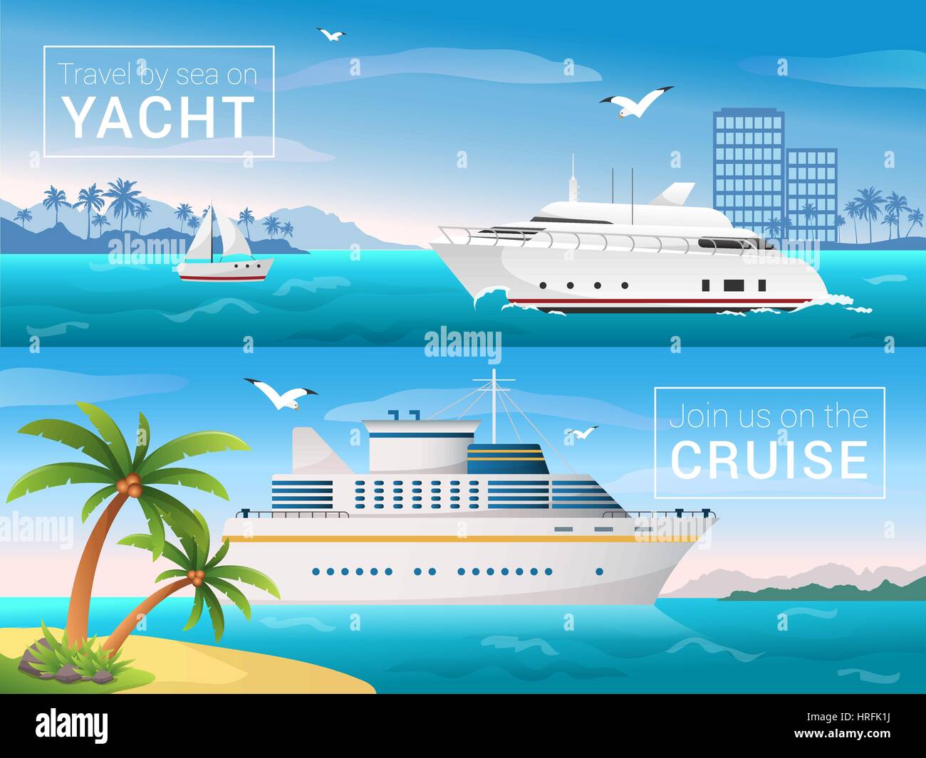 Vektor-Reisen Banner gesetzt. Yacht in der Bucht der Tropeninsel, Ozean Sea cruise Liner auf den Inseln Stock Vektor