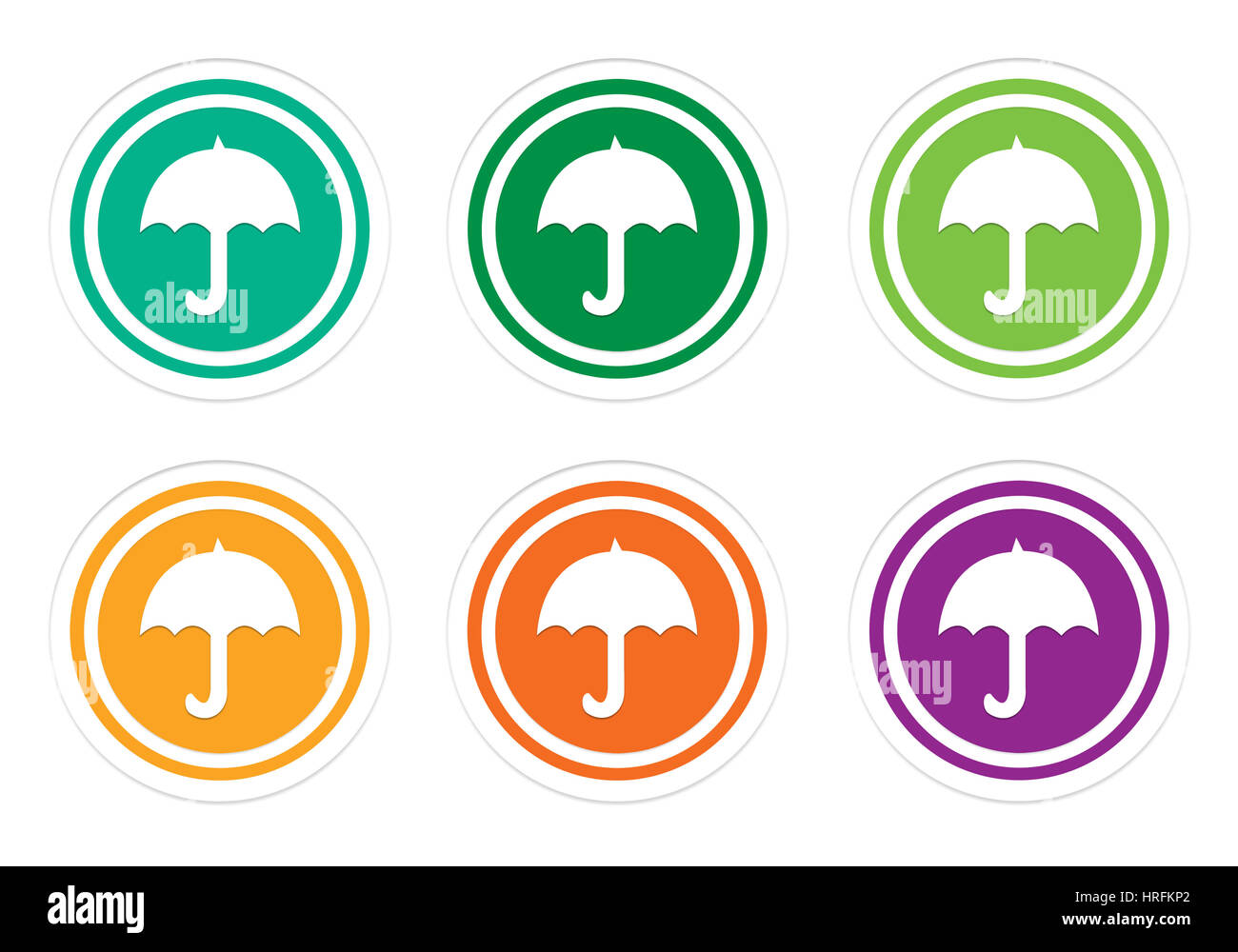 Bunte Runde Icons mit Regenschirm-Symbol in grün, gelb, orange und lila Farben Stockfoto
