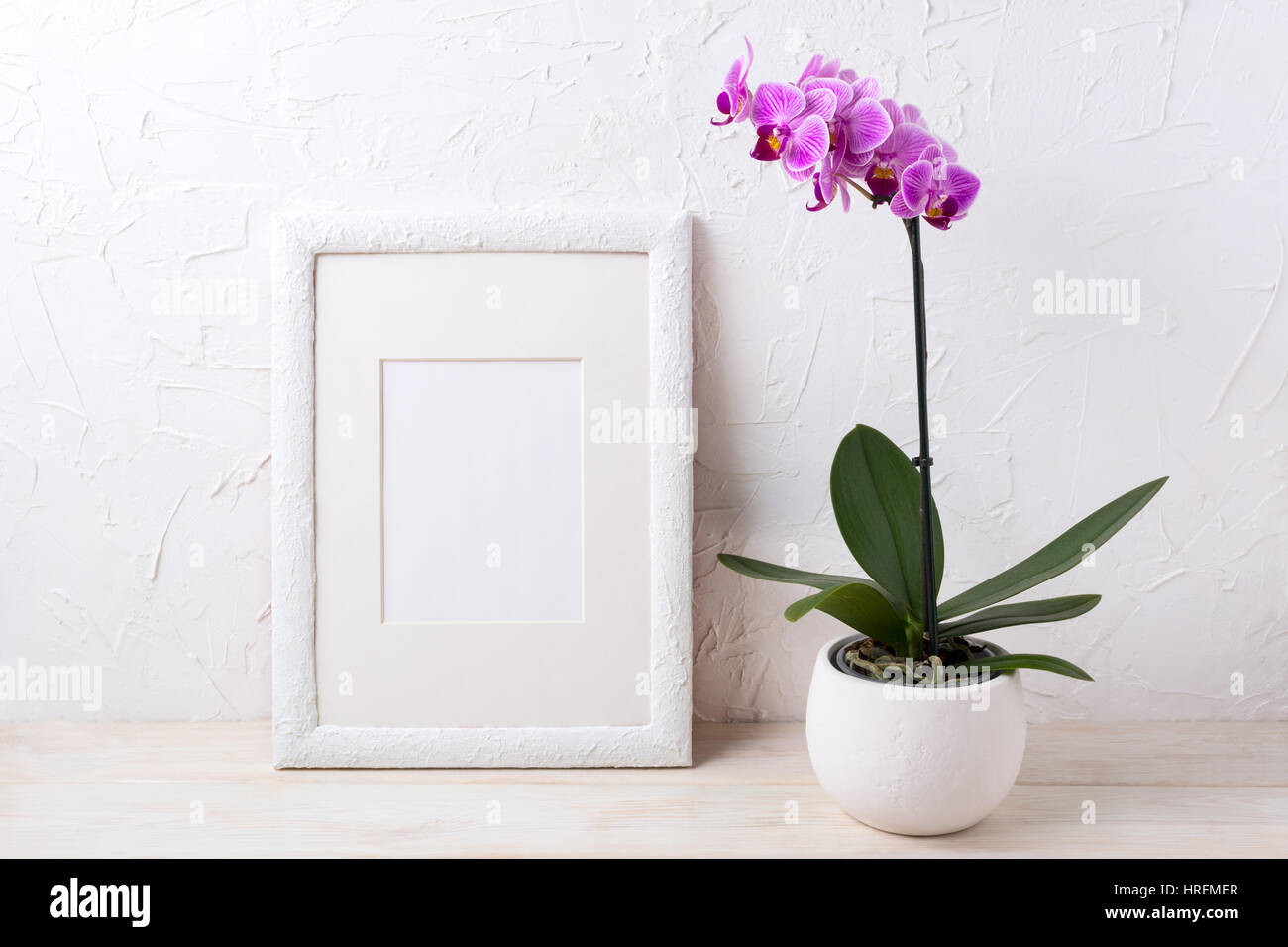 Weißer Rahmen Mockup mit lila Orchidee im Blumentopf. Leere Rahmen mock up für Präsentationsdesign. Stockfoto