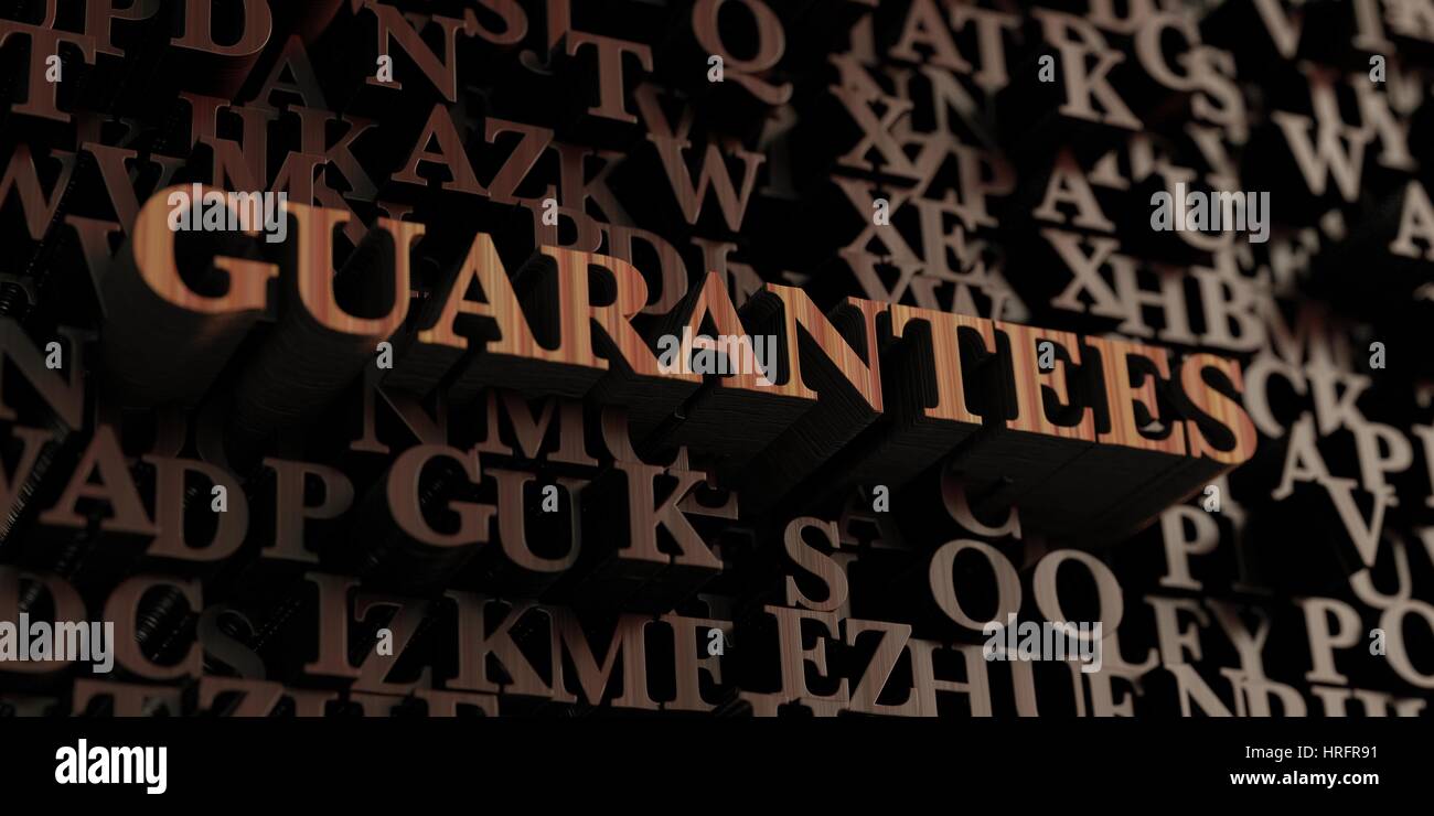 Garantiert - hölzerne 3D Buchstaben/Nachricht gerendert.  Einsetzbar für ein Online-Banner oder eine gedruckte Postkarte. Stockfoto