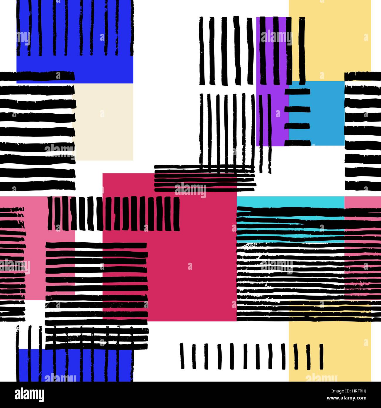 Geometrische nahtlose Streifenmuster.  Handgezeichnete ungleichmäßige schwarze Streifen auf bunte Rechtecke, freies Layout. Lebendigen spektrale Tönen. Textil-Design. Stock Vektor