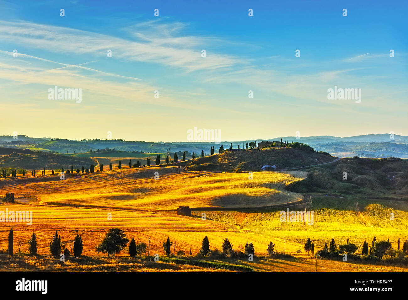 Toskana, Landschaft im ländlichen Raum. Landschaft-Bauernhof, Zypressen Bäumen und grünen Wiese. Italien, Europa. Stockfoto
