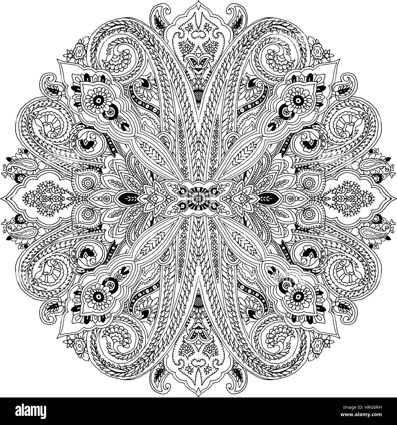 Kreisförmige abstrakte geometrische Paisleymuster. Traditionelle orientalische Ornament. Schwarz auf weißem Hintergrund skizziert. Textil-Design. Stock Vektor