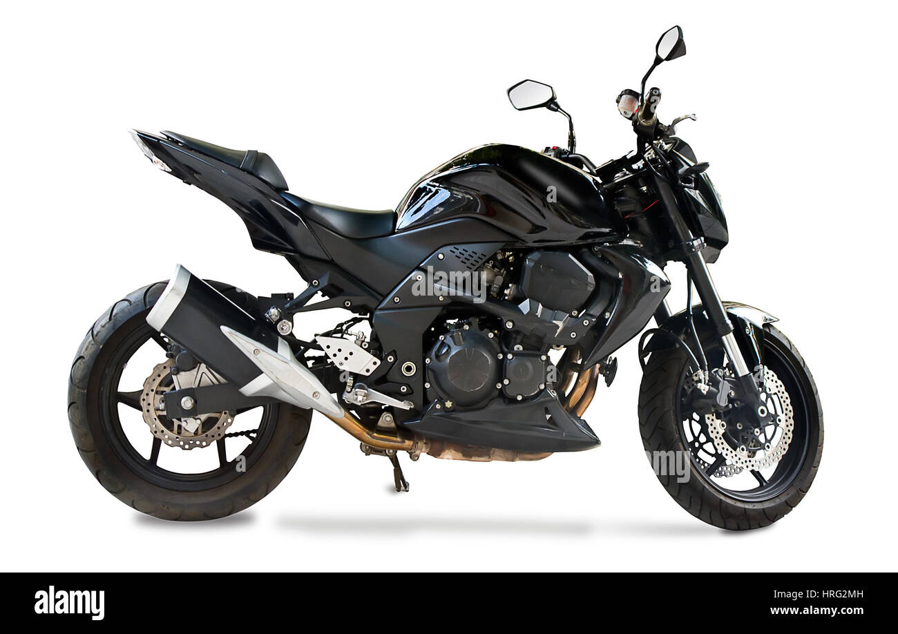 Schwarzes Motorrad isoliert auf weißem Hintergrund Stockfoto