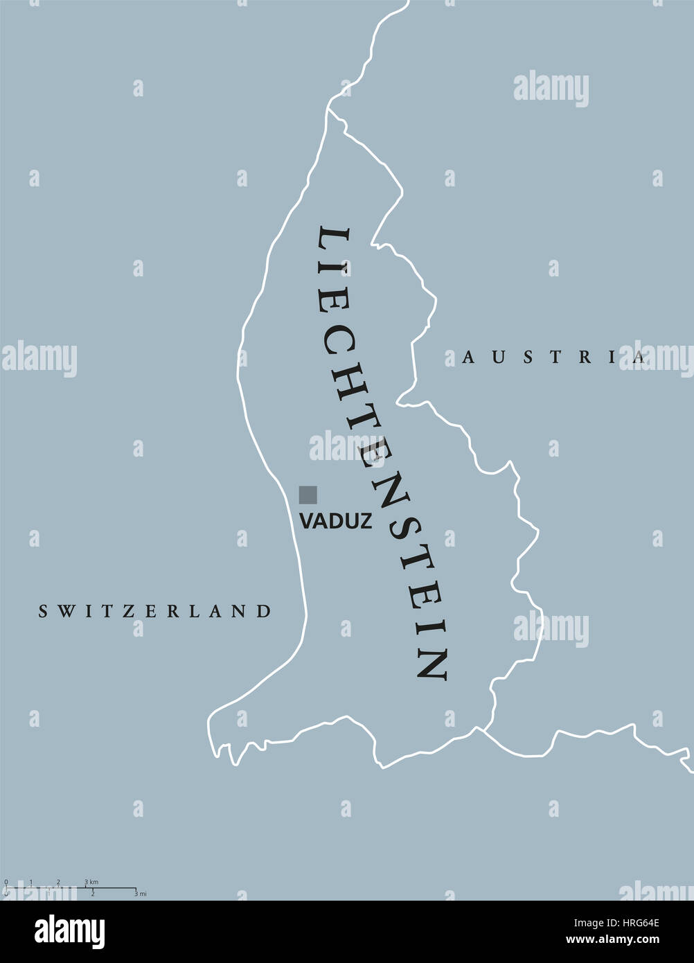 Liechtenstein politische Karte mit Hauptstadt Vaduz, nationale Grenzen und Nachbarländern. Fürstentum und Binnenland Microstate in Mitteleuropa. Stockfoto