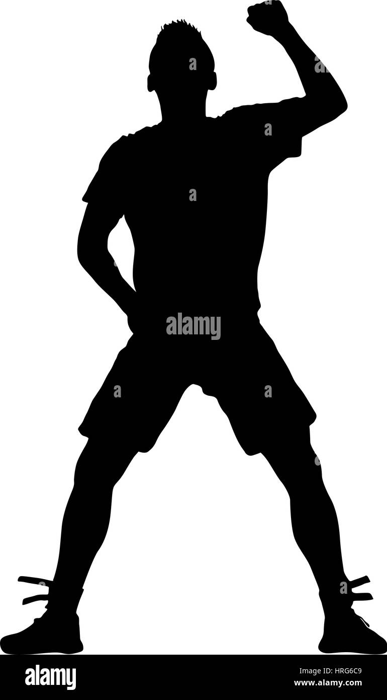 Schwarze Silhouetten Mann mit erhobenem Arm. Vektor-Illustration. Stock Vektor
