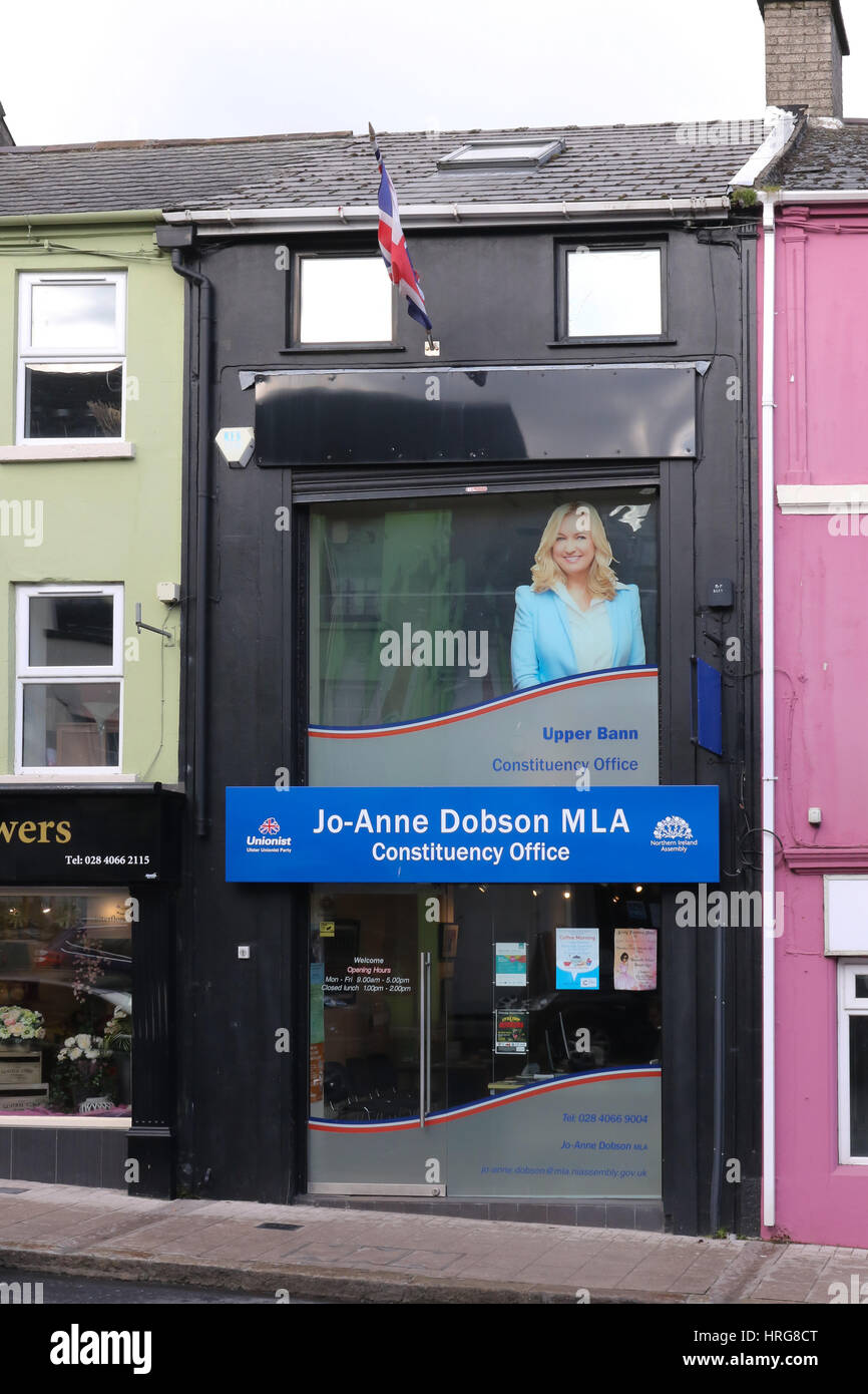 Banbridge, County Down, Nordirland, Vereinigtes Königreich. 1. März 2017. Mit einem Tag bis Nordirland zur Wahl geht ist es ruhig im Wahlkreisbüro sitzen, die MLA Joanne Dobson in der Banbridge.The Stadt im oberen Bann Wahlkreis ist. David Hunter/Alamy Live-Nachrichten. Stockfoto