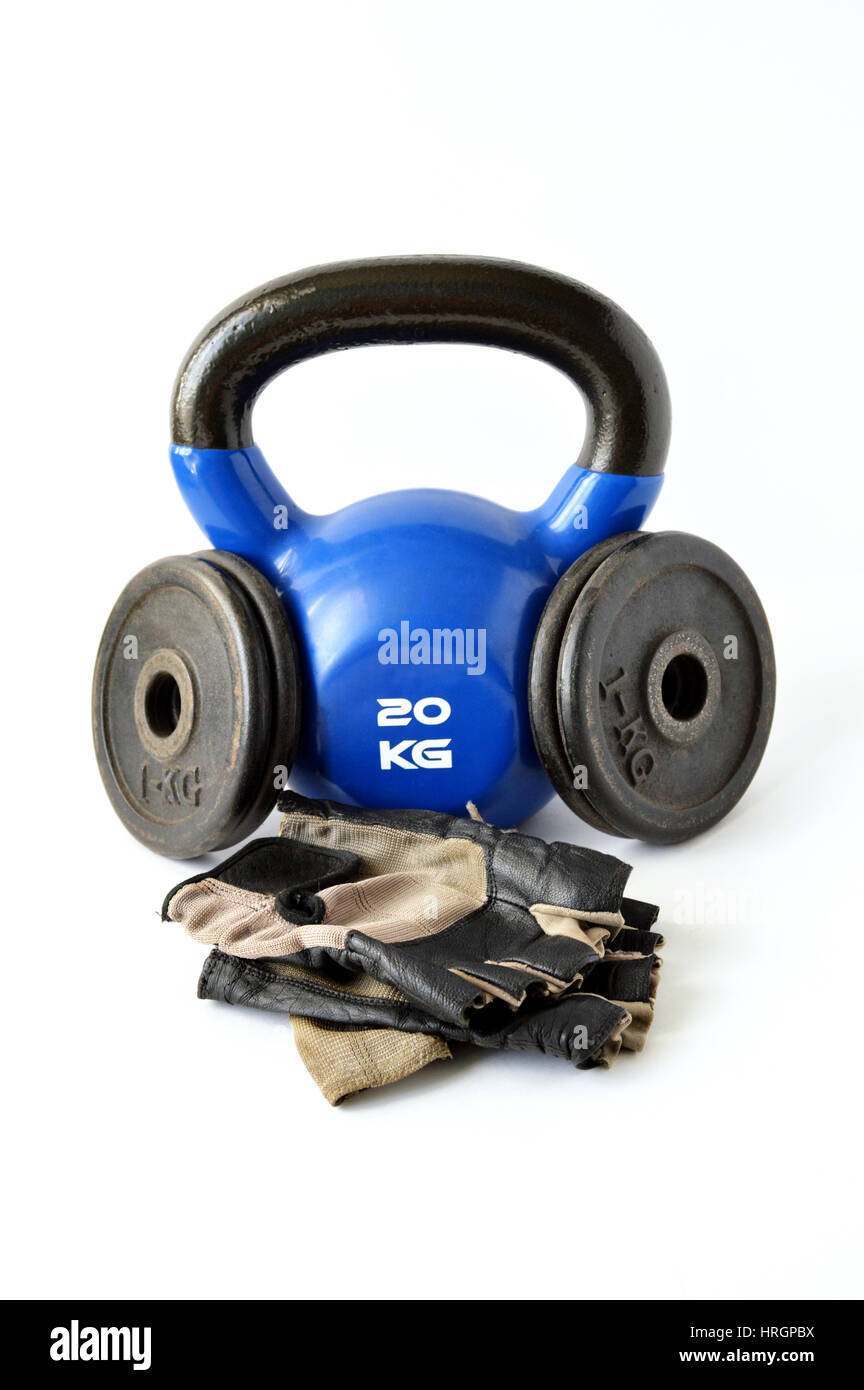 Werkzeuge für Bodybuilding, Fitness und Crossfit. Gewicht, Handschuh und Kettlebell. Stockfoto