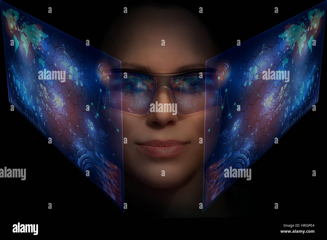 Frau von der Zukunft mit dem futuristischen Hologramglasses auf ihre Augen Stockfoto