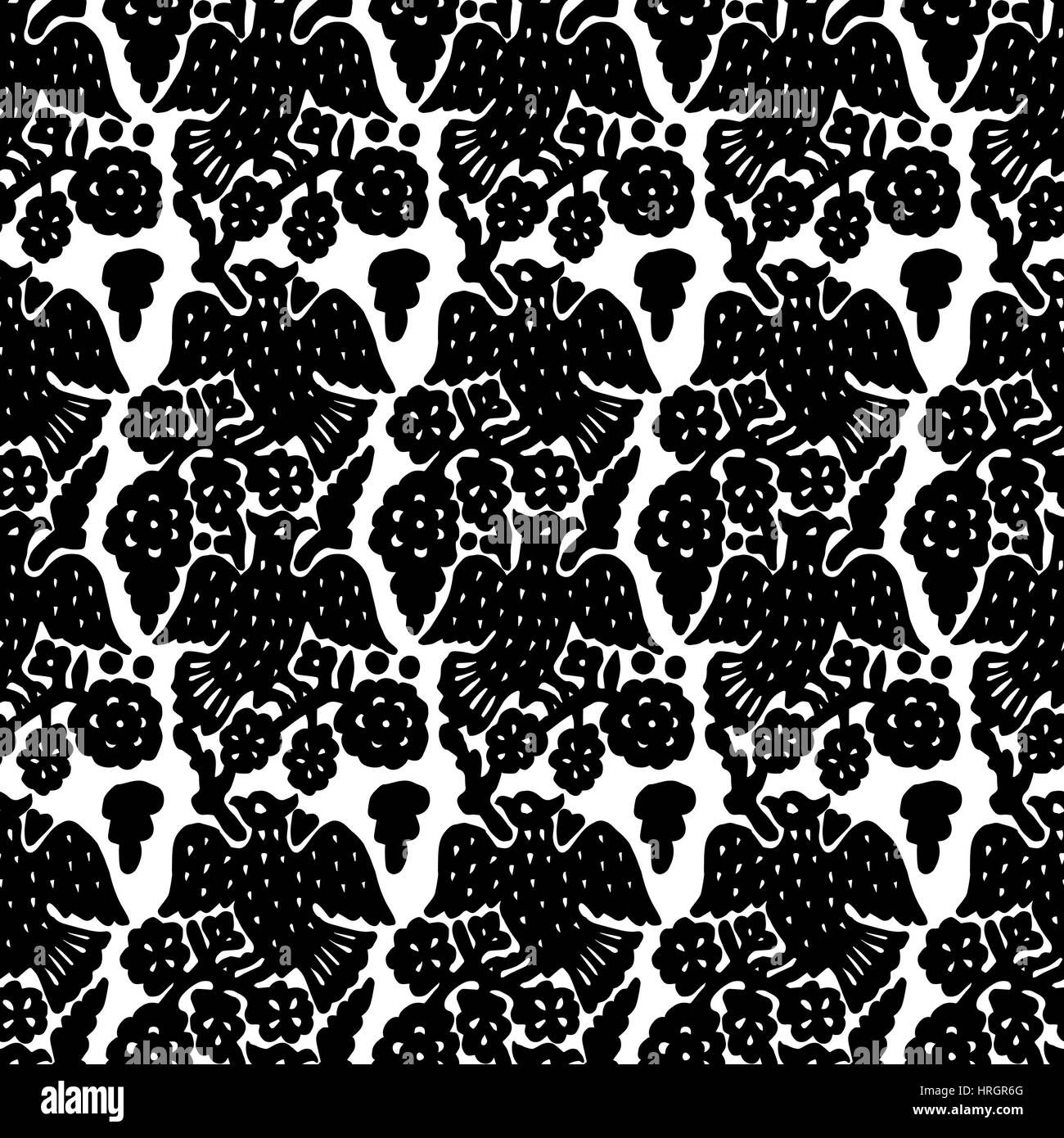 Traditionelle Block gedruckte Ornament, handgemachte russischen Motiv mit schwarzen Vögel und Blumen auf weißem Hintergrund. Textildruck. Stock Vektor