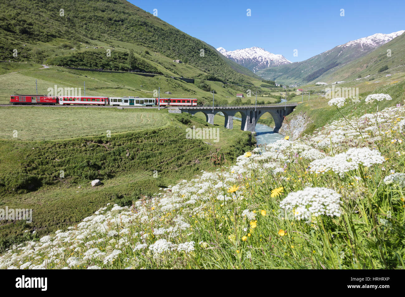 Typische rote Schweizer Schulen an Hospental Viadukt umgeben von Creek und blühenden Blumen, Andermatt, Kanton Uri, Schweiz Stockfoto