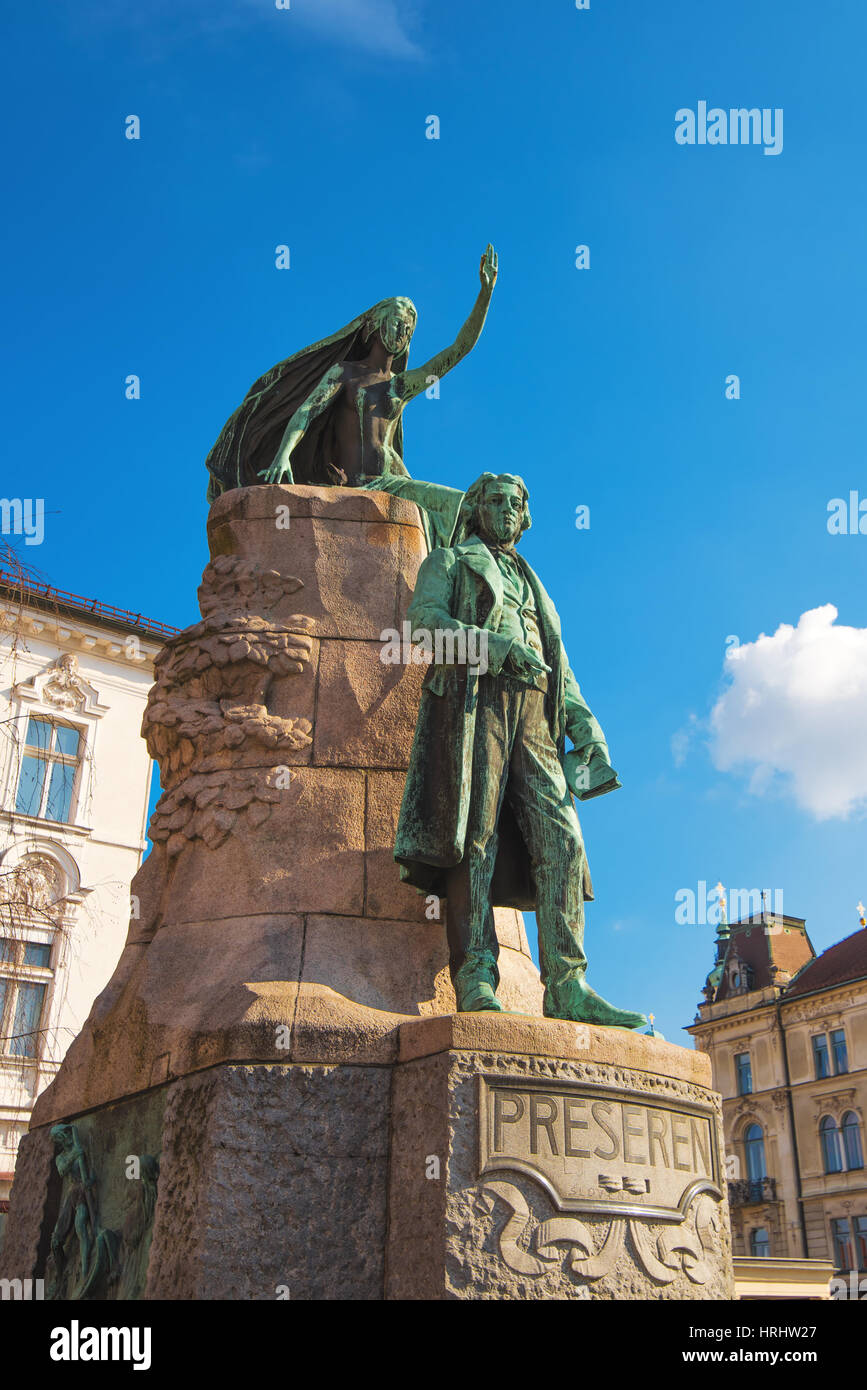 LJUBLJANA, Slowenien - 19. Februar 2017: Preseren Denkmal in Ljubljana, Bronzestatue des slowenischen Nationaldichters France Preseren in der Hauptstadt der Stockfoto