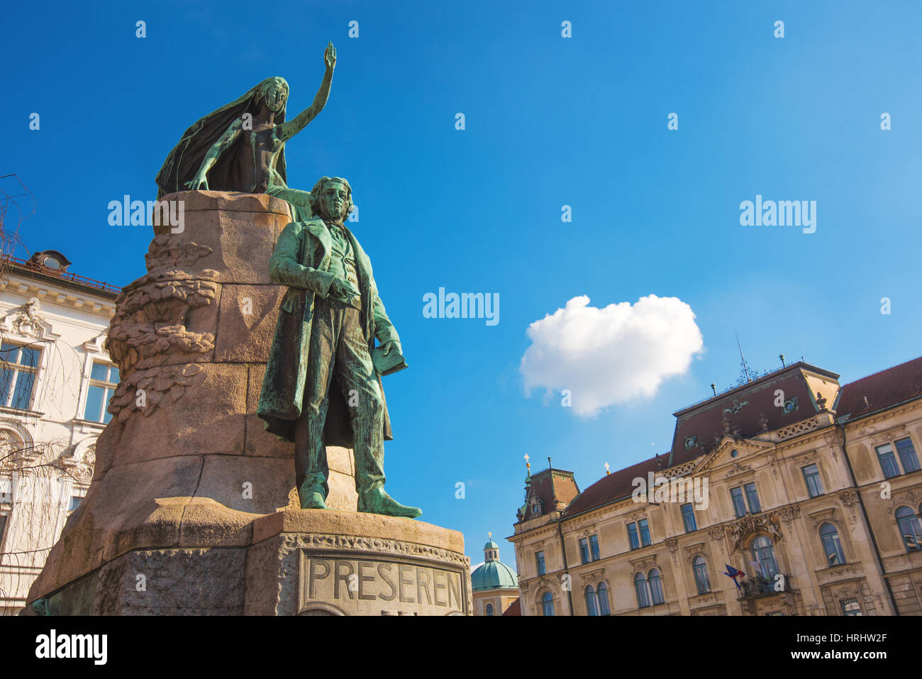 LJUBLJANA, Slowenien - 19. Februar 2017: Preseren Denkmal in Ljubljana, Bronzestatue des slowenischen Nationaldichters France Preseren in der Hauptstadt der Stockfoto