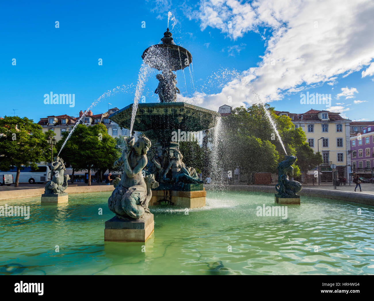 Brunnen auf dem Stadtplatz von Pedro IV, Lissabon, Portugal Stockfoto