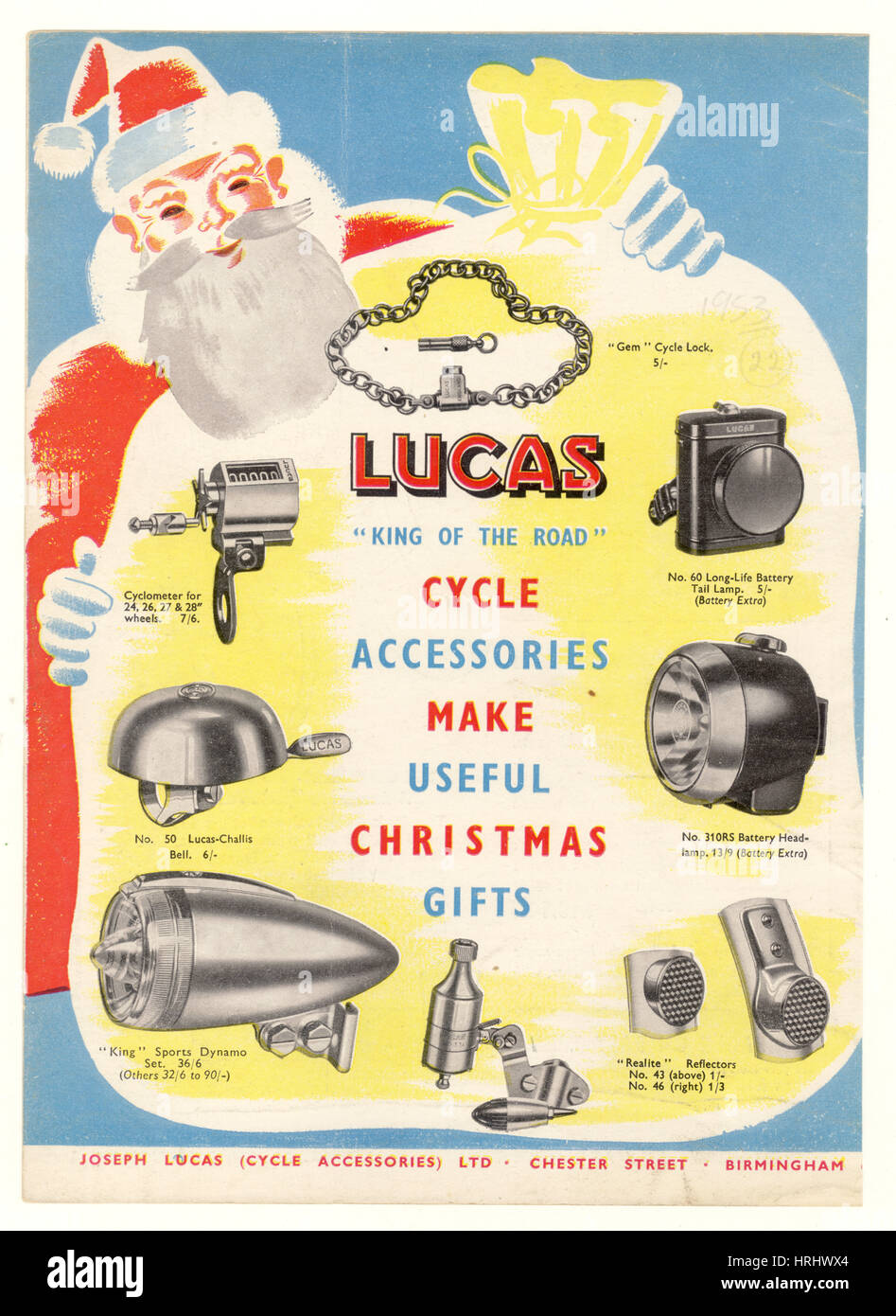 Original Vintage Cycling, Werbebroschüre zu Weihnachtsgeschenken für Lucas Cycle Accessoires aus den 1950er Jahren, Grafikdesign-Designs, Großbritannien UK Stockfoto