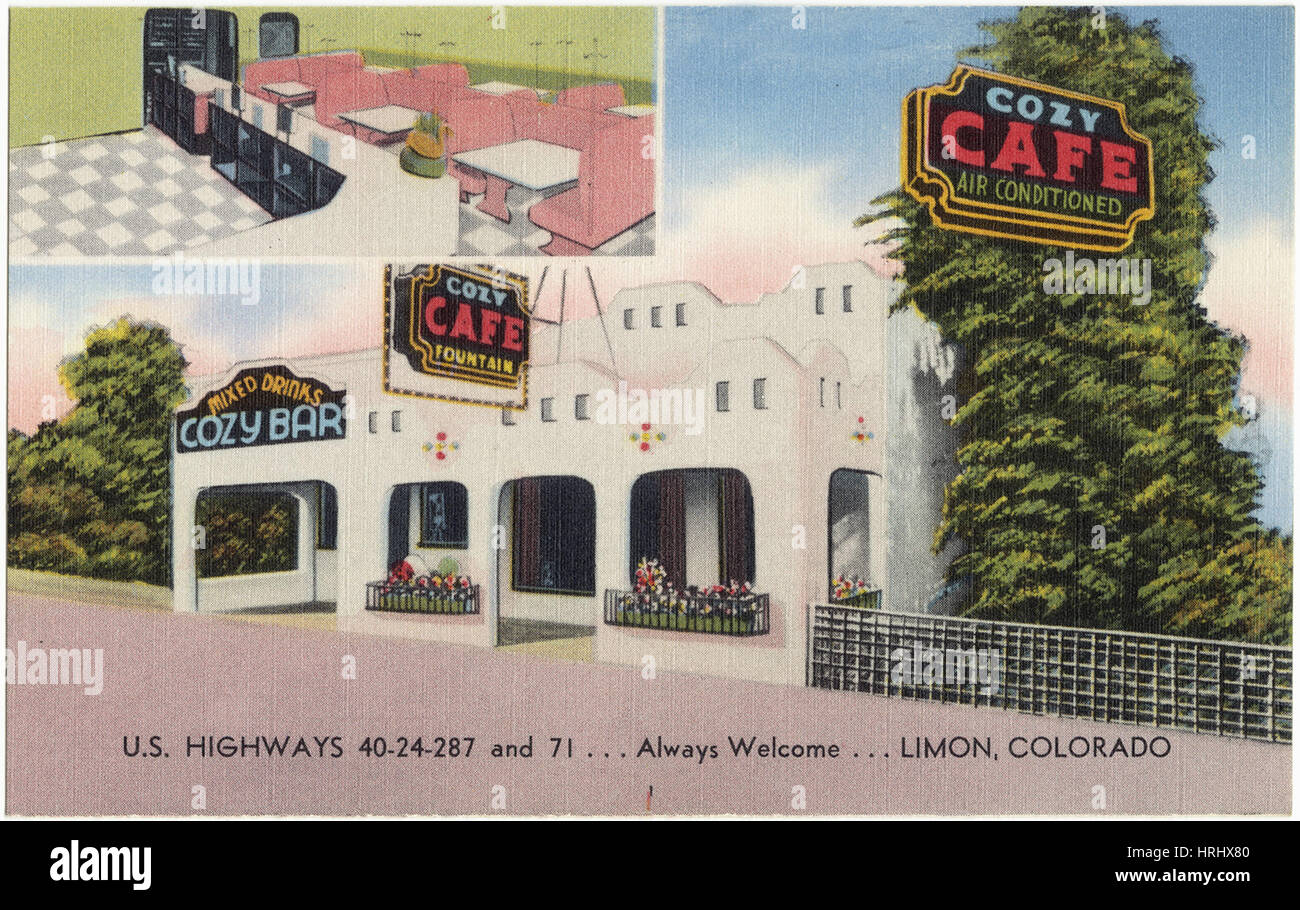 Gemütliches Cafe, US-Highways 40-24-287 und 71 u00e2 u00a6 sind immer willkommen u00e2 u00a6 Limon, Colorado Stockfoto