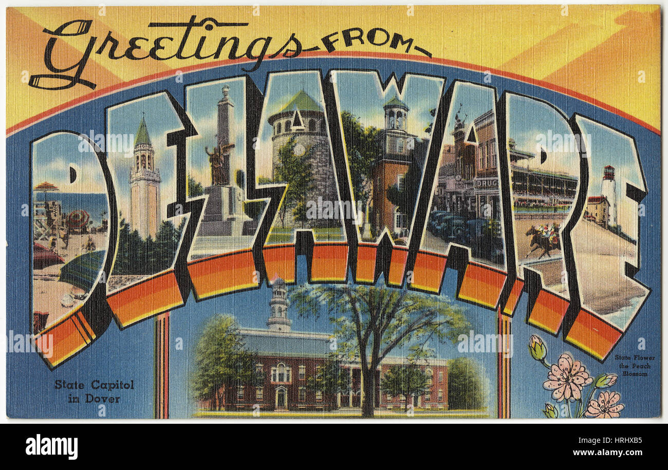 Delaware - Grüße aus Delaware--Zustandkapitol in Dover, Zustandblume der Pfirsichblüte Stockfoto